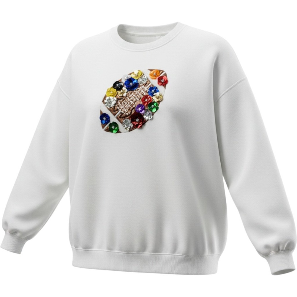 Queen of Sparkles White Sequin Floral Football Sweatshirt XL Game Day Top Pearls